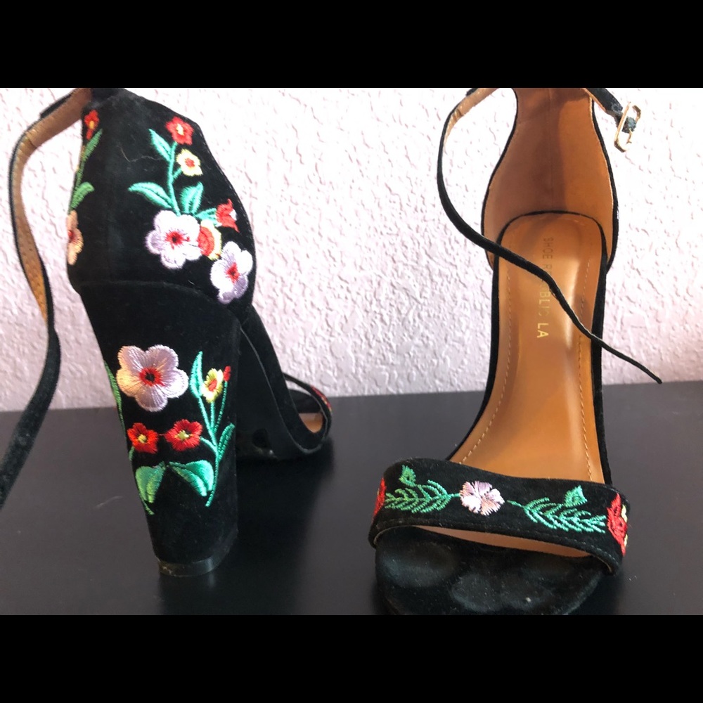 Strap on embroidered heels